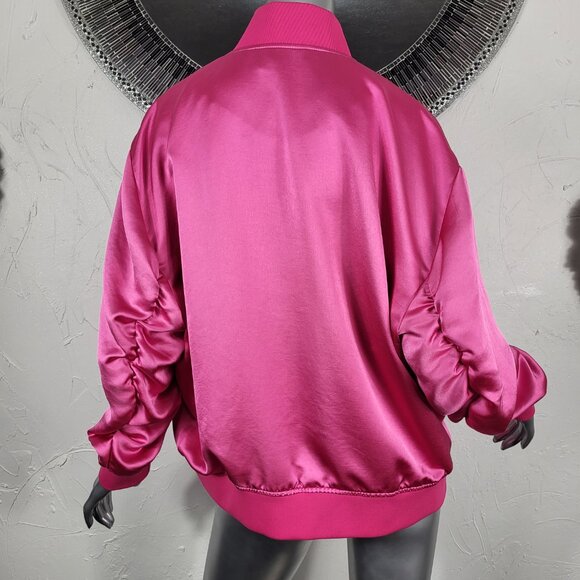 EXPRESS~SZ L~BRIGHT PINK SATIN LIKE FULL ZIP RUCHED SLEEVE BOMBER JACKET COAT - Picture 13 of 16
